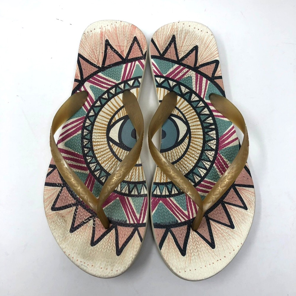 Reef X Daniella Manini Gold Flip Flops Womens 8 Eye Sunshine Boho Beach